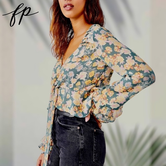 FREE PEOPLE Maybel Tie-Front Ruffled Blouse (Green/Pink) - Picture 8 of 14